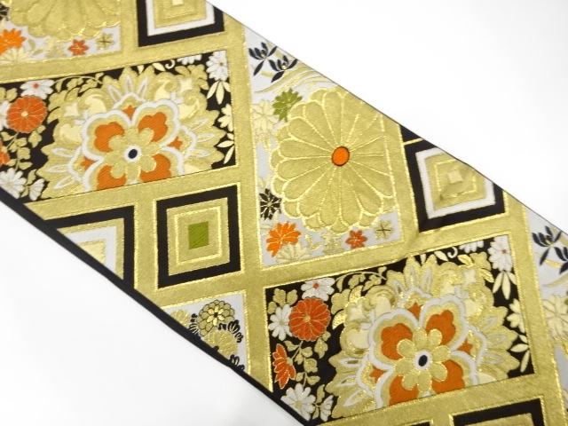 JAPANESE KIMONO / ANTIQUE FUKURO OBI / WOVEN FLORAL CREST & FLOWER